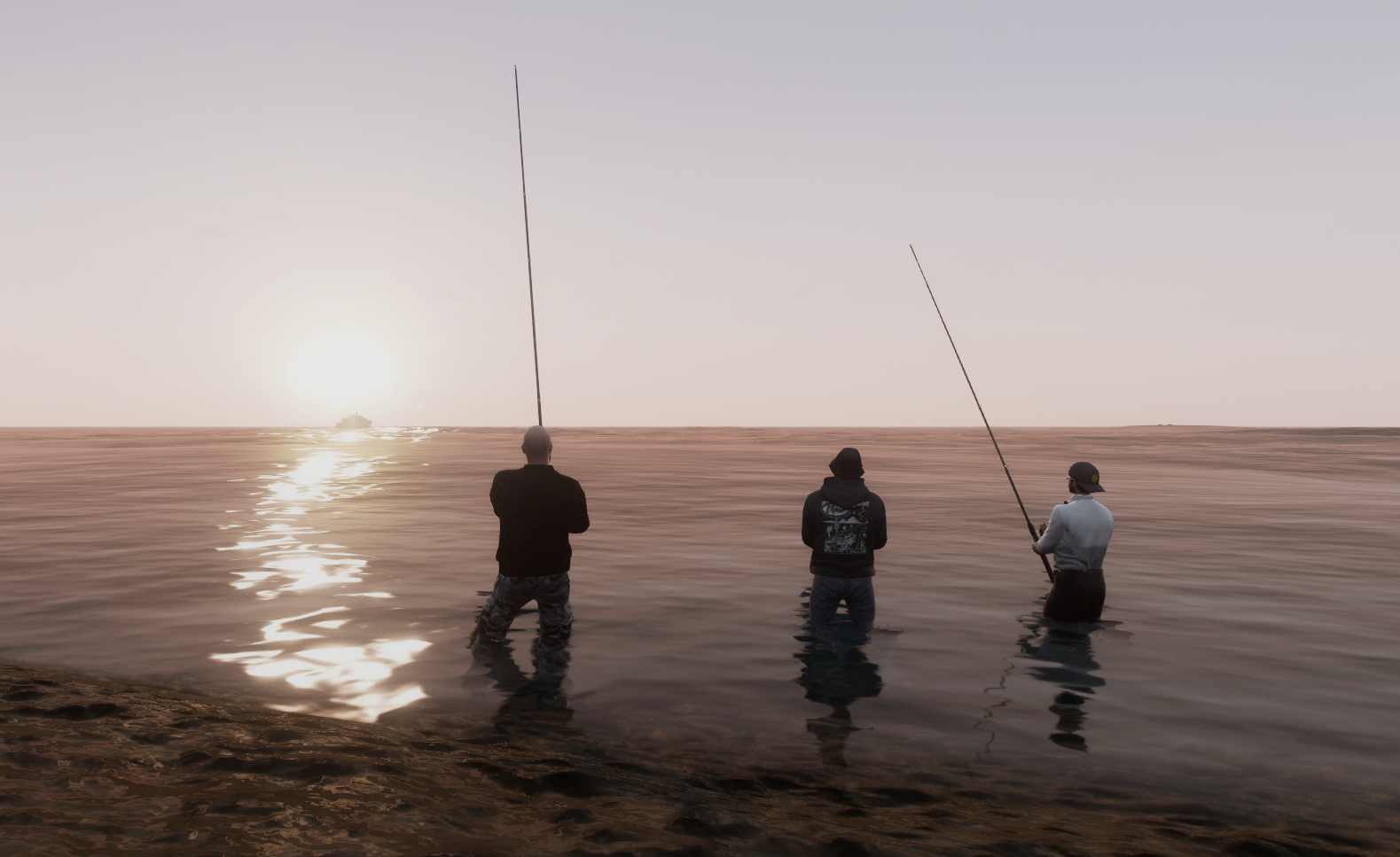 Kolme nuorta kalastamassa kesäisessä illassa